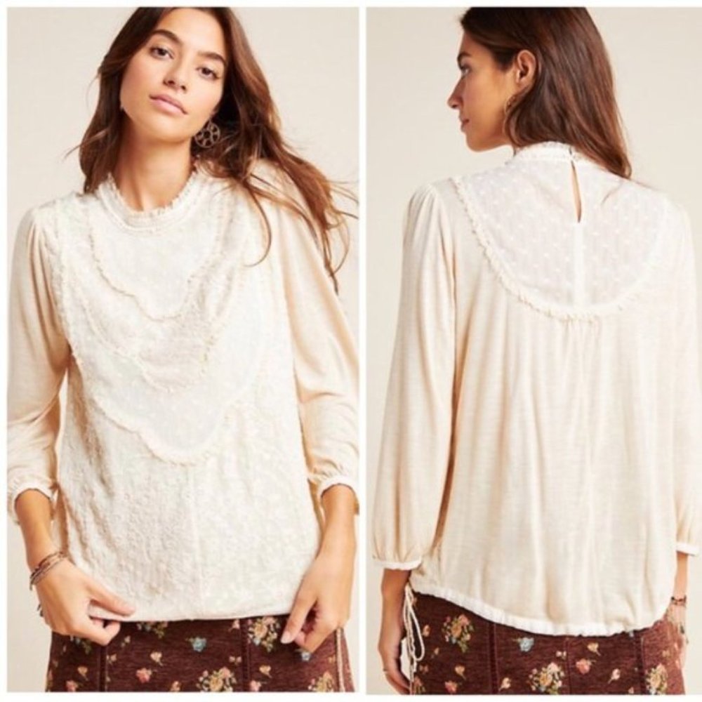 ANTHROPOLOGIE Tiny Finja Cream Lace Embroidered Blouse EUC sz L